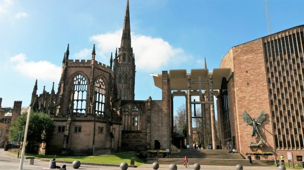 Coventry Cathedral ruins and the New cathedral side by side