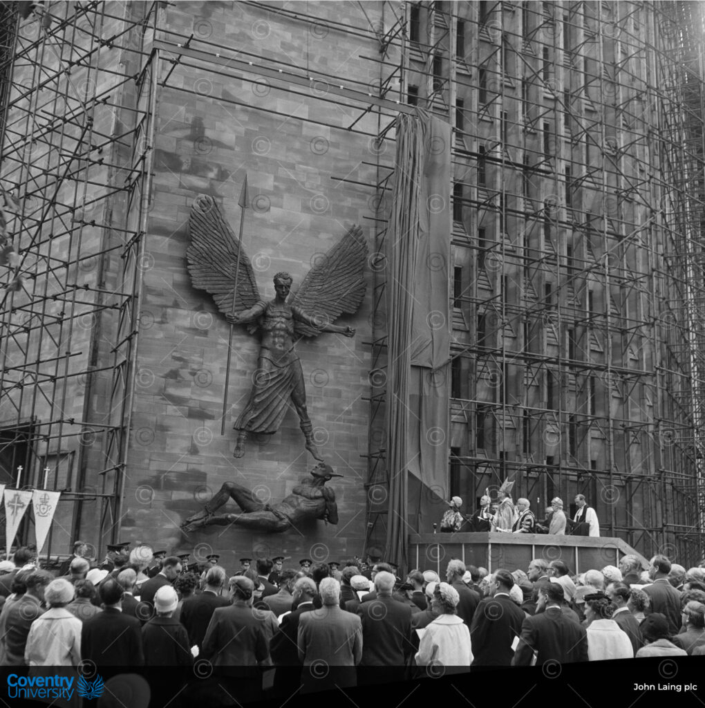 An old black and white image of the unveiling of the new Coventry Cathedral