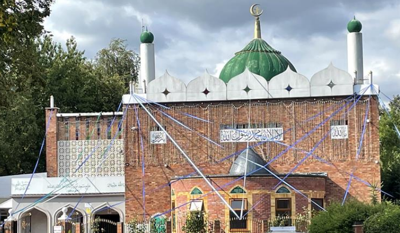 Mosque displaying City of Culture blue ribbons